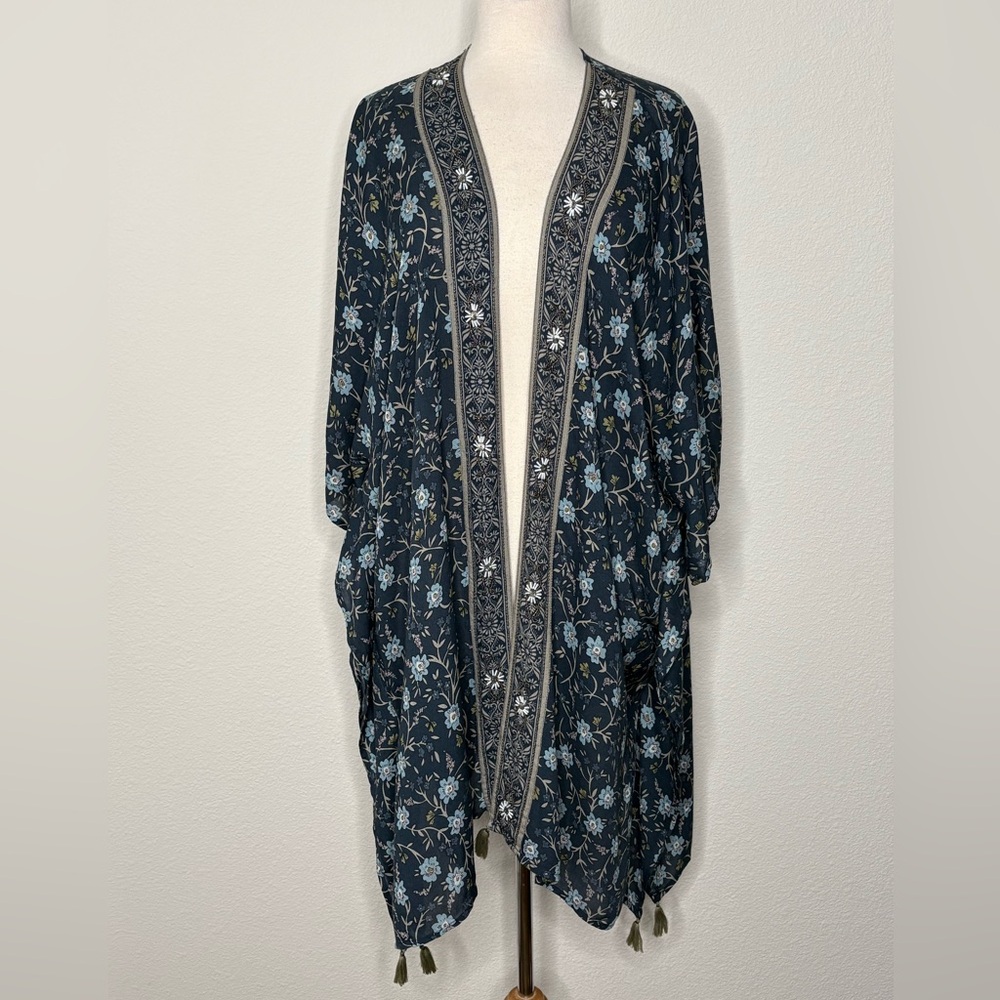 J Jill Kimono Cardigan Sz S-L Blue Embroidered Floral Boho Beaded Tassel Artsy